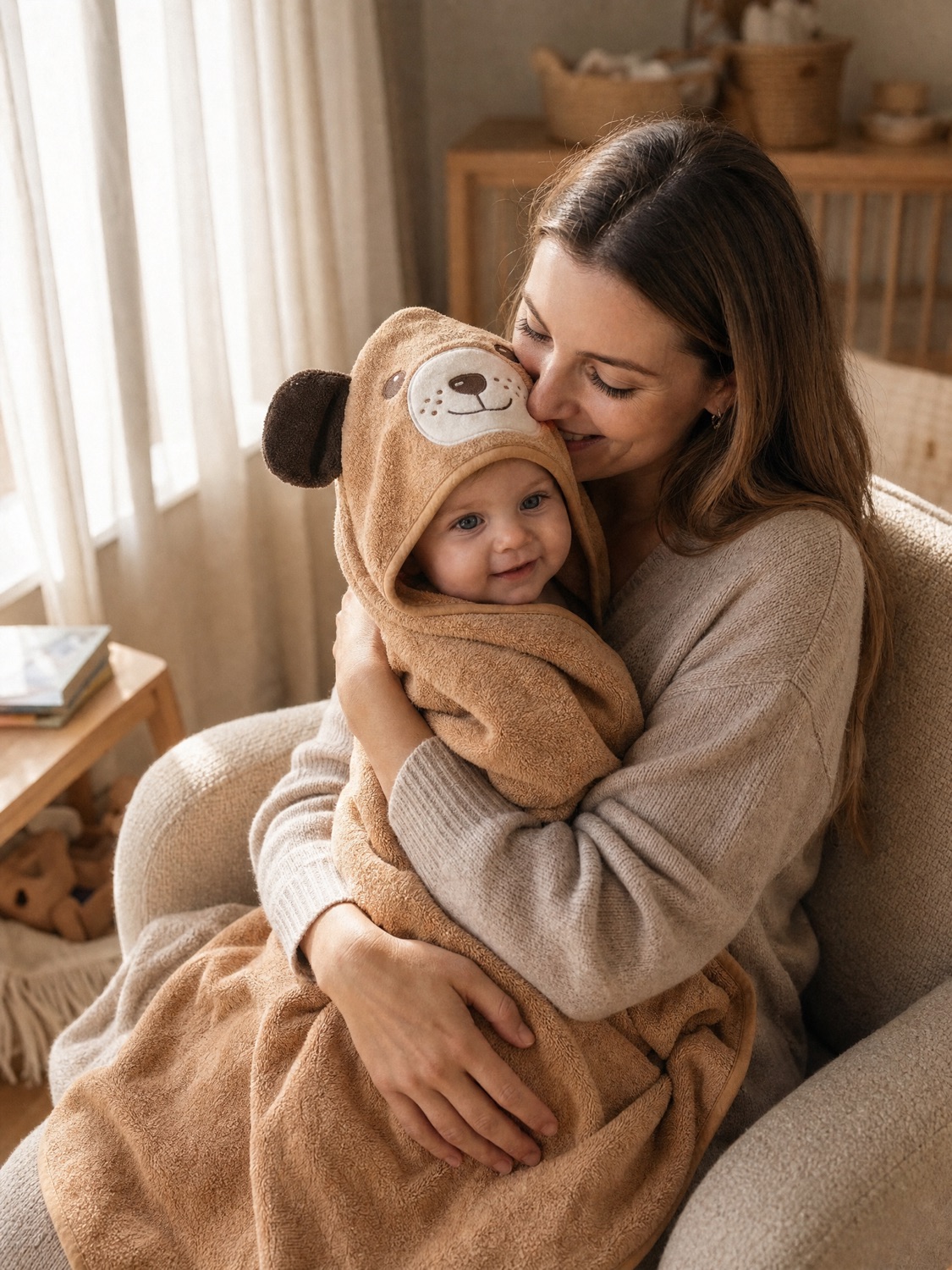 A parent by a bright window holding a baby wrapped in a warm MiniBoo hooded towel.
