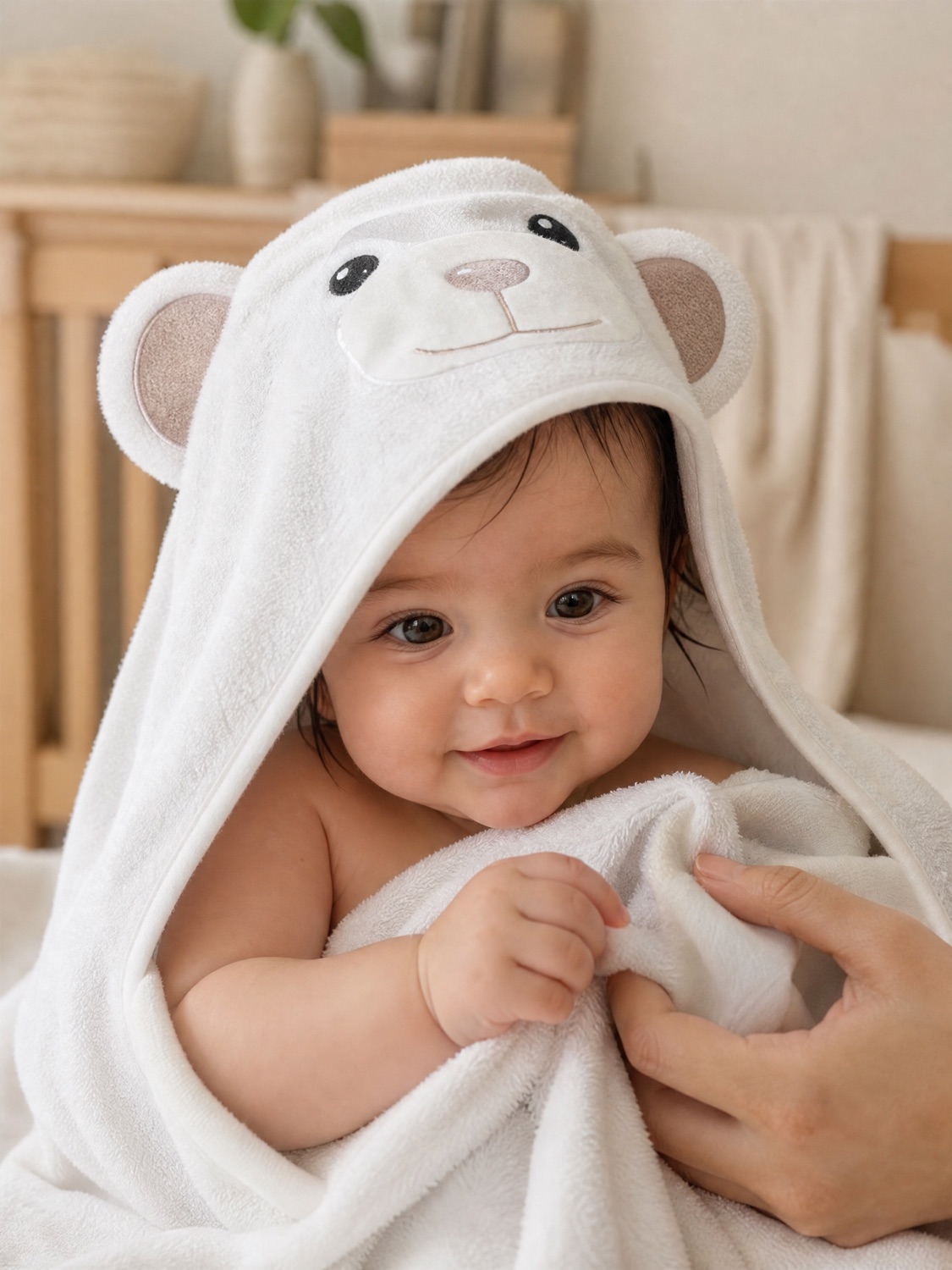 A smiling baby wrapped in a white bear MiniBoo hooded towel.