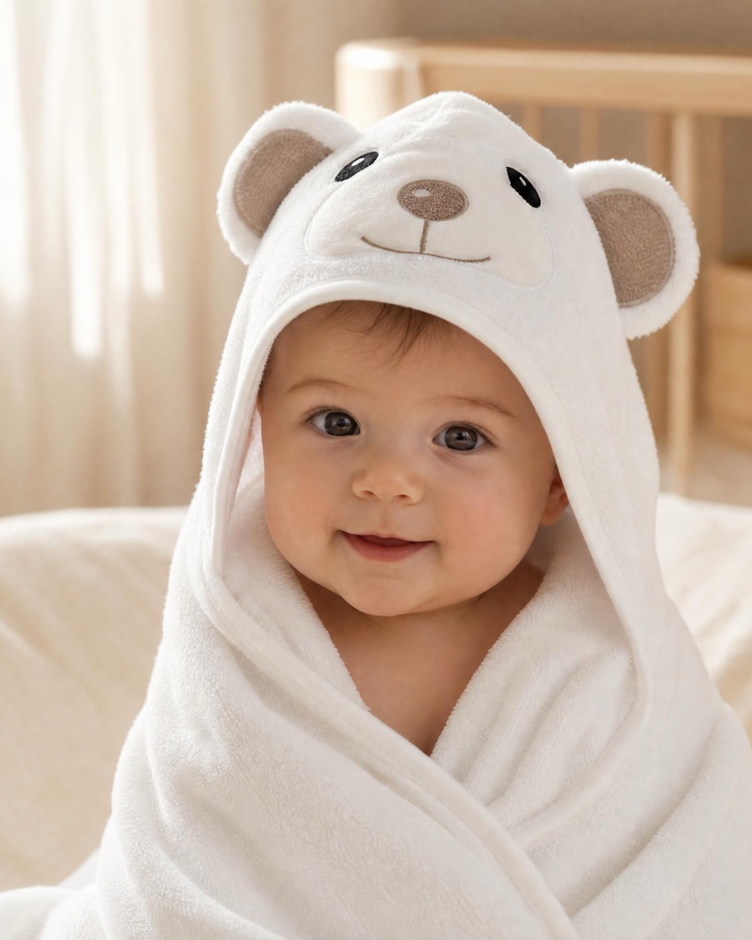 A baby wrapped snugly in a white bear hooded towel after a bath, in a warm nursery
