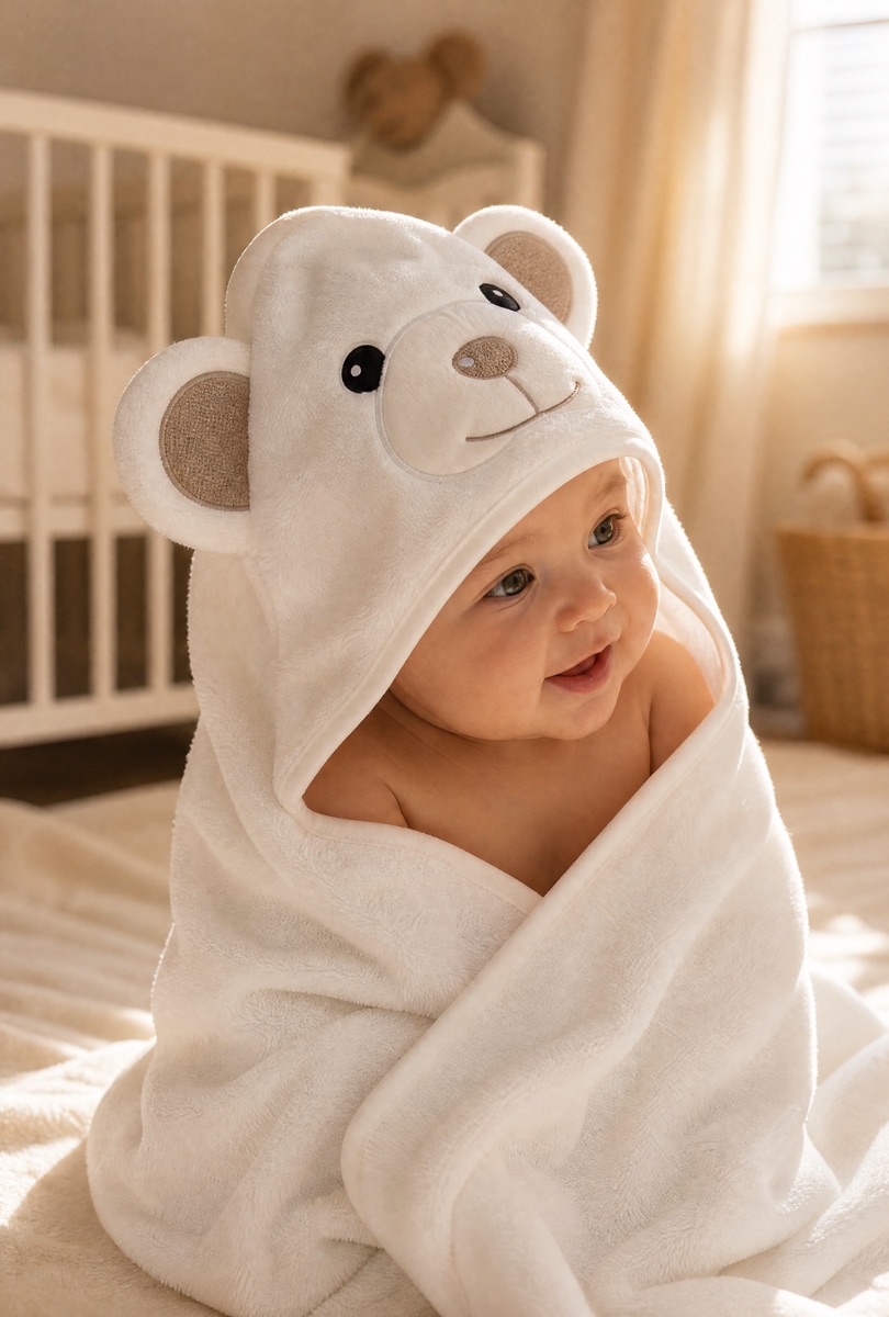 A baby wrapped in a soft bear-shaped MiniBoo hooded towel after a bath