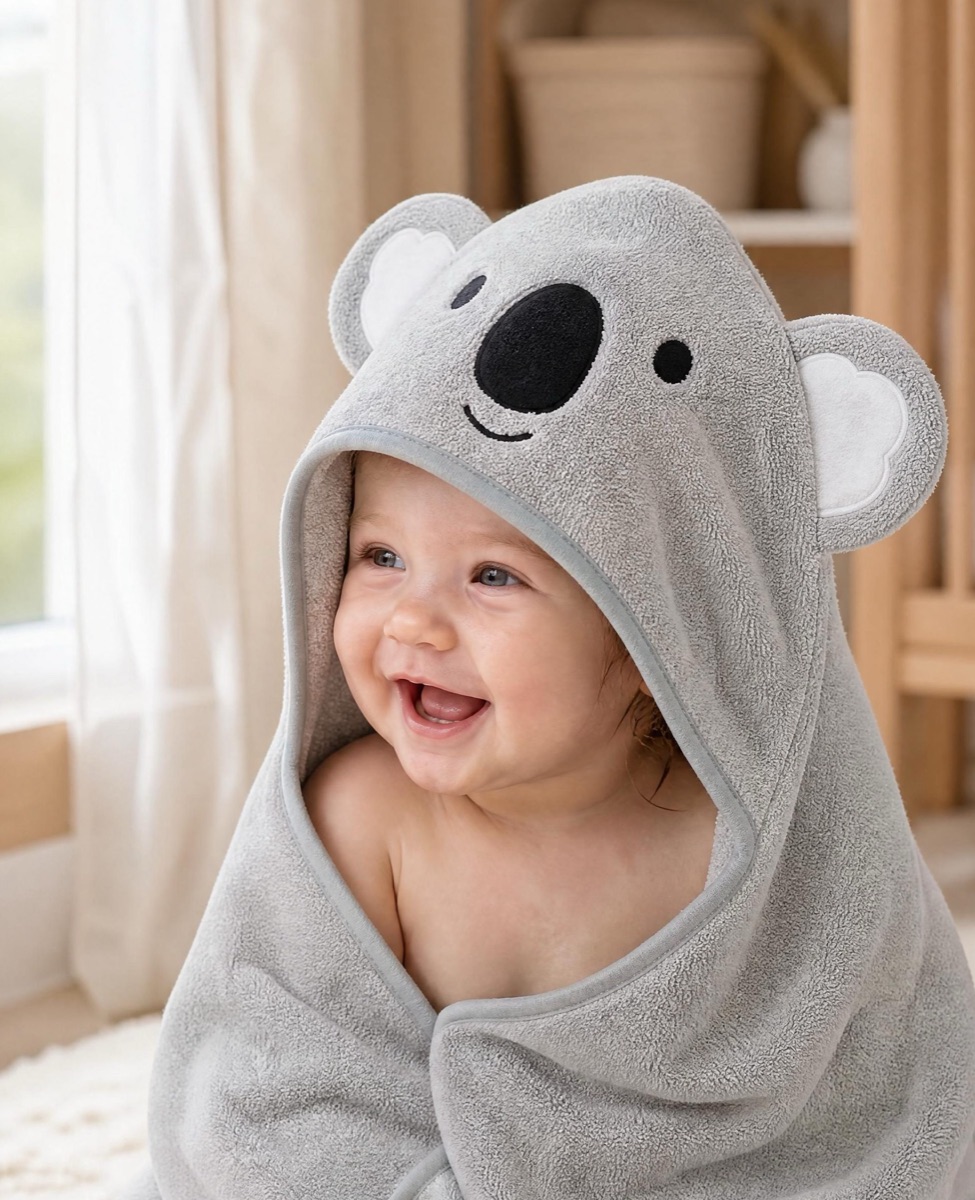 A baby wrapped in a soft koala-shaped MiniBoo hooded towel, hood over the head, after a bath