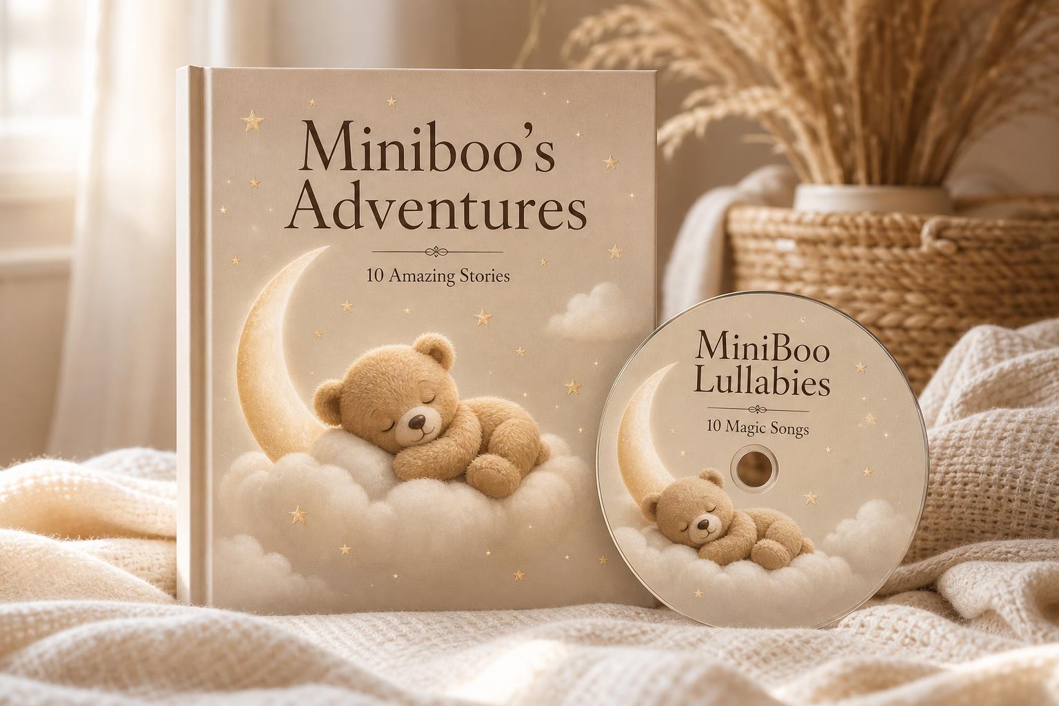 The MiniBoo storybook 'MiniBoo’s Adventures' and the 'MiniBoo Lullabies' disc resting on a soft cream blanket.